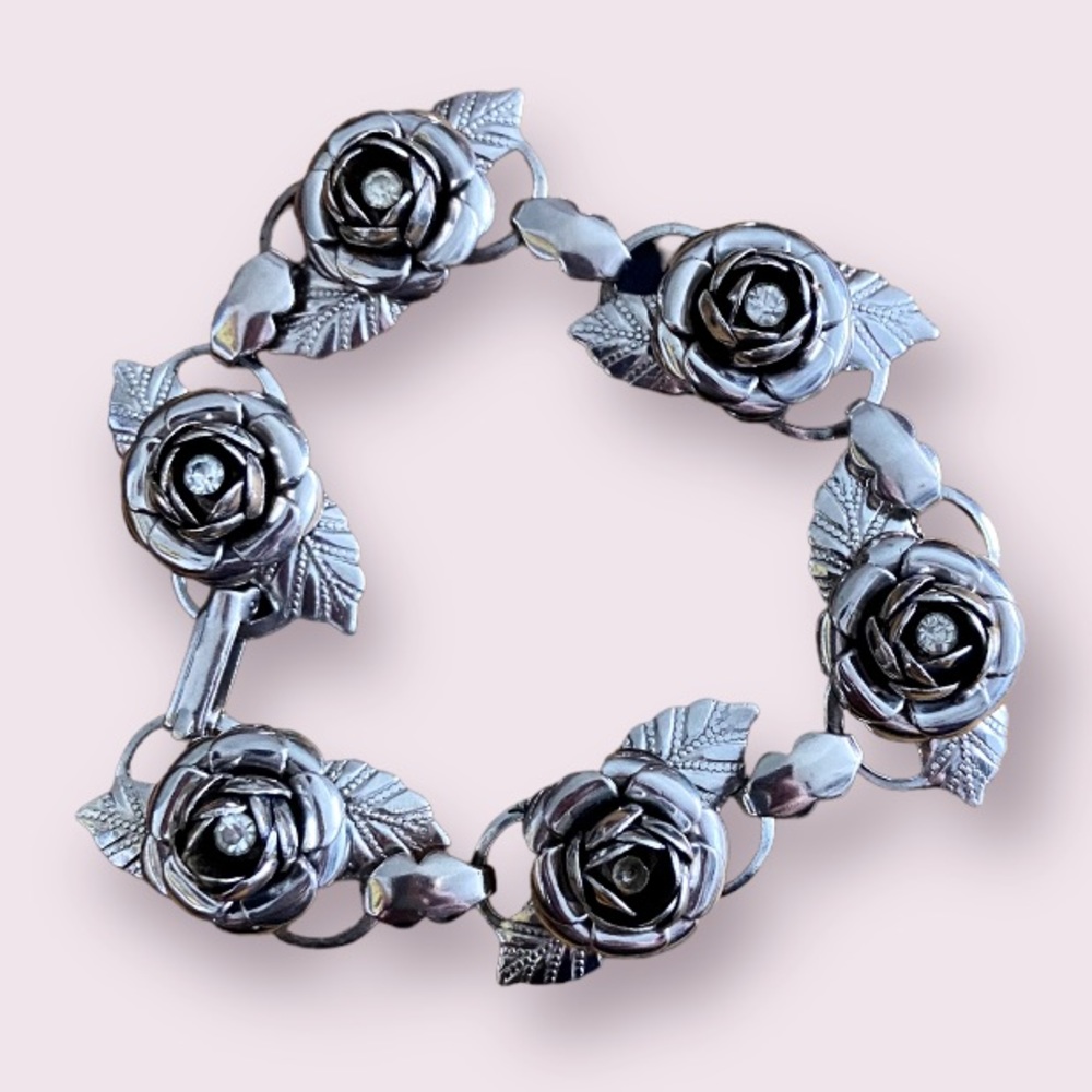 Vintage Silver Rose Bracelet with Rhinestone Centers